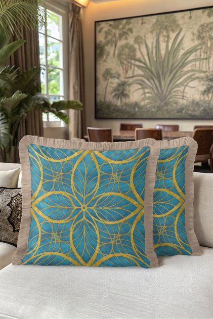 Geometric Art Deco Blue Mandala Fringed Pillowcase - Turquoise Ethnic Cream Tassel Throw Pillow Cover