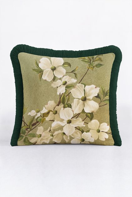 Vintage Floral Motif Botanical Fringed Pillowcase - Magnolia Green Black Tassel Throw Pillow Cover