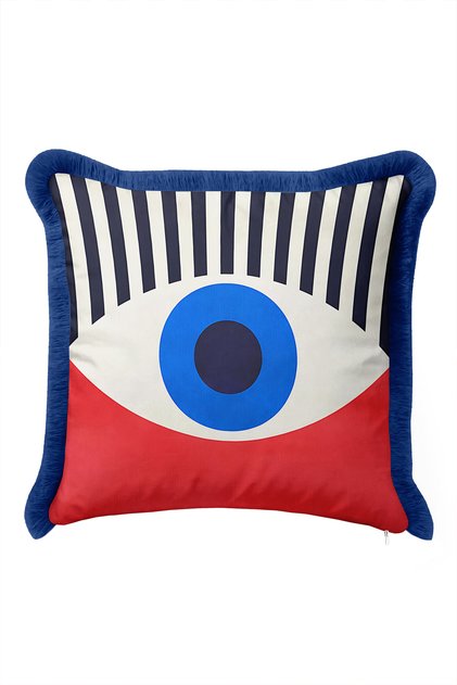 Modern Evil Eye Design Fringed Pillowcase - Geometric Bohemian Tassel Throw Pillow Cover - 40X40Cm
