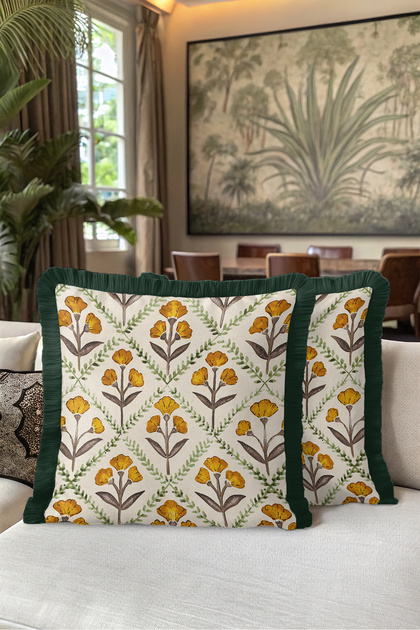 Floral Botanical Elegant Fringed Pillowcase-Vintage Floral Boho Green Navy Blue Tassel Throw Pillow Cover
