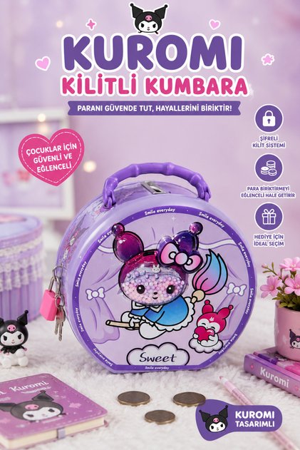 Kuromi Şifreli Kumbara - Kilitli Para Biriktirme Kumbarası | 2 Haneli Şifreli Mor Çocuk Kumbarası