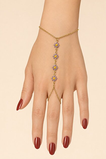 アクセサリー M.W.O.B.H.M / handshake Chain RIng X-Lady Accessories Altın Renk Sıralı Papatya Çelik Şahmeran - 3900