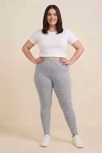 Women's Gray Plus Size High Waist Cotton Lycra Gathering Long Leggings - No Show Stretchy Casual Leggings