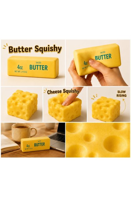 Butter Squishy ve Cheese Squishy 2’Li Set Tereyağı Sukuşi Peynir Sukuşi Slow Stres Oyuncakları
