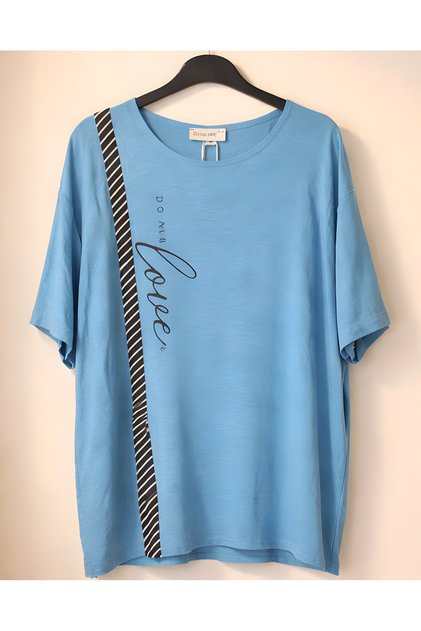 Women's Blue Crew Neck Striped Detailed Casual T-Shirt and Pants