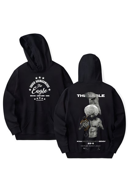 Khabib the Eagle Nurmagomedov Printed Cotton Long Sleeve Hooded Sweatshirt with 3 Yarns