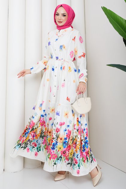 Women's Waist-Tied Tropical Patterned Dress
