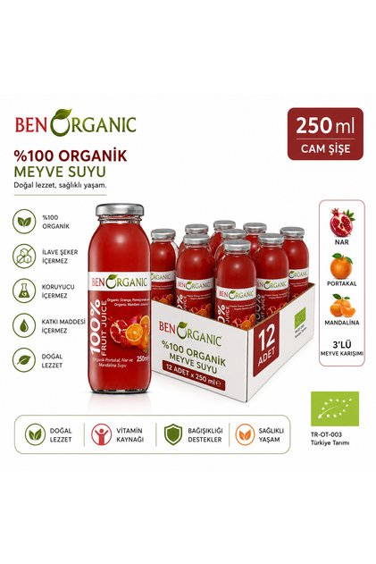 ORGANİK PORTAKAL-NAR-MANDALİNA SUYU CAM ŞİŞE 250 ML X 12