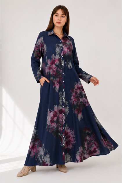 Park Moda Spring Floral Patterned Long Italian Linen Shirt Dress