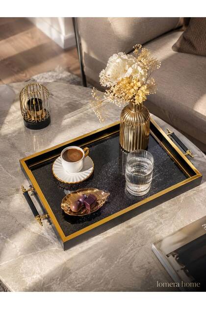 Dekoratif Ahşap Tepsi 42x29 cm | Simli Cam Zemin, Gold Kulplu Premium Sunumluk