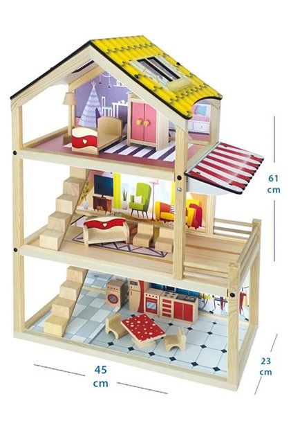 61 cm Wooden 3-Floor Toy House with Furniture Montessori Dollhouse Board Will Be Sent 13 Pieces