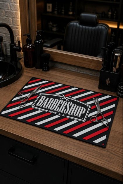 Kuaför Salonu Tezgah Üstü Çalışma Matı Kırmızı Beyaz BarberShop F-175