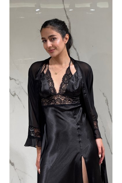 2 Piece Lace Slit Satin Nightgown Dressing Gown Set Dowry Underwear Set