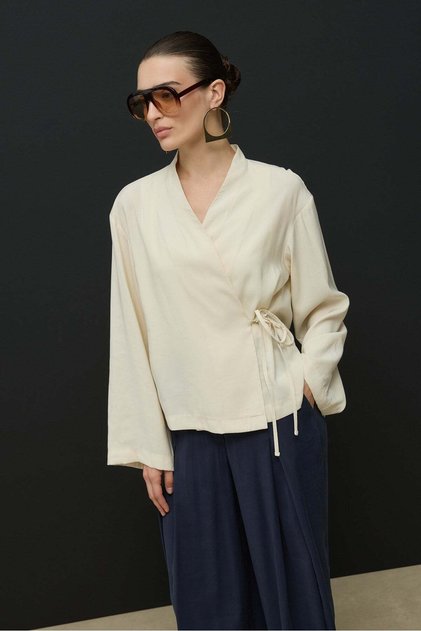 Ekru Kruvaze Bağlamalı Mini Kimono