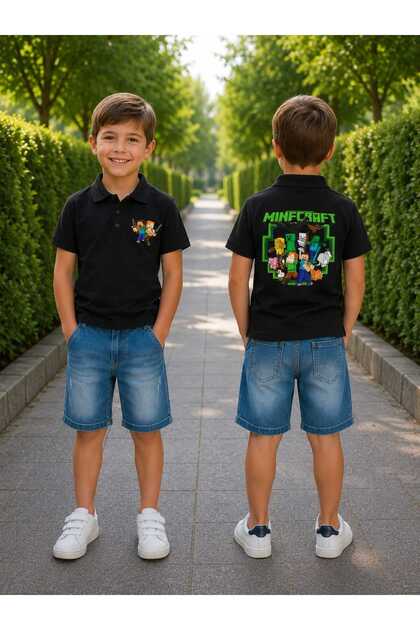 Boy's Lacoste Polo Collar Character Printed T-Shirt 4-Pocket Denim Shorts 2-Piece Set