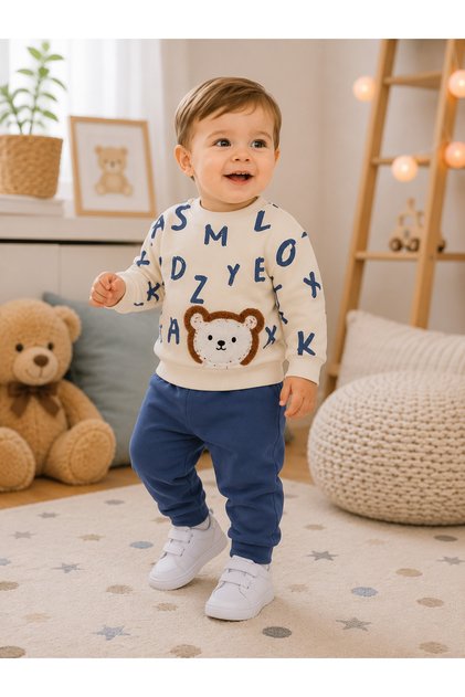 Baby Boy Teddy Bear Embroidered Letter Patterned Cotton Tracksuit Set Long Sleeve Navy Blue Daily Seasonal 2-Piece Set