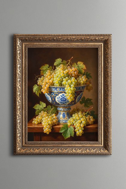 Grapes in a Blue Chinaware Bowl - Vintage Patterned Plate - Thick Model