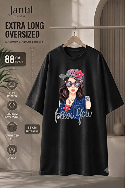 Crew Neck Follow You Written Girl Figure Extra Long Oversize Tunic T-Shirt Short Sleeve