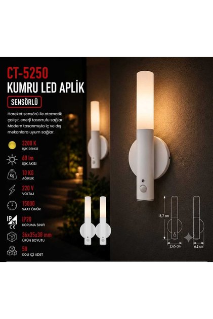 Ct-5250 Kumru Şarjlı Led Duvar Aplik Günışığı - Beyaz Renk
