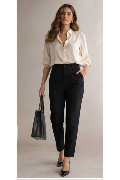 Women's Black High Waist Classic Fabric Trousers with Double Button Detail on the Front, Premium Quality