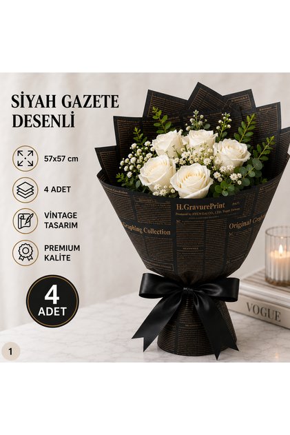 Black Gold English Newspaper Patterned Bouquet Wrapping Paper 57X57 cm Flower and Gift Package 4 Pieces
