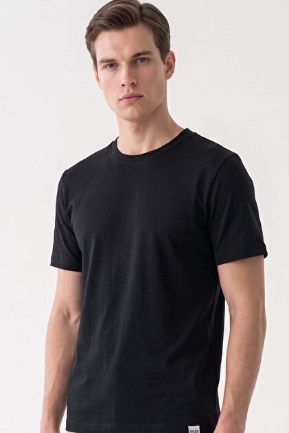 Black Crew Neck Short Sleeve Slim Fit Cotton T-Shirt 1011265166