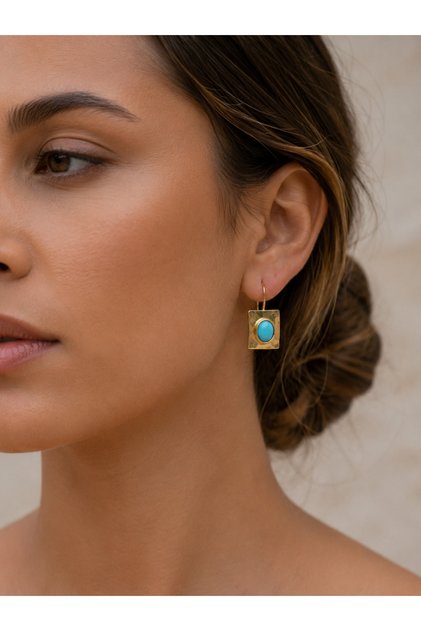 Gold Etnik Model Turkuaz Taşlı Plaka Sığacık Küpe -kararma yapmaz-