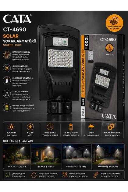 CT-4690 60W GÜNEŞ ENERJİLİ BAHÇE AYDINLATMA SOLAR SOKAK ARMATÜRÜ KUMANDALI LED PROJEKTÖR