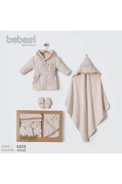 100% Cotton Authentic Patterned Bathrobe Set Beige Bbs.4252.Bej