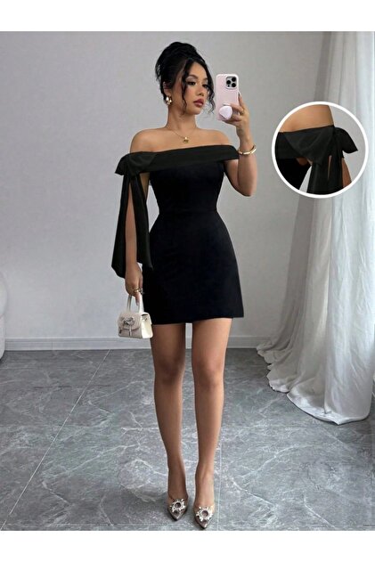 Women's Madonna Collared Ribbon Detailed Short Imported Crepe Dress