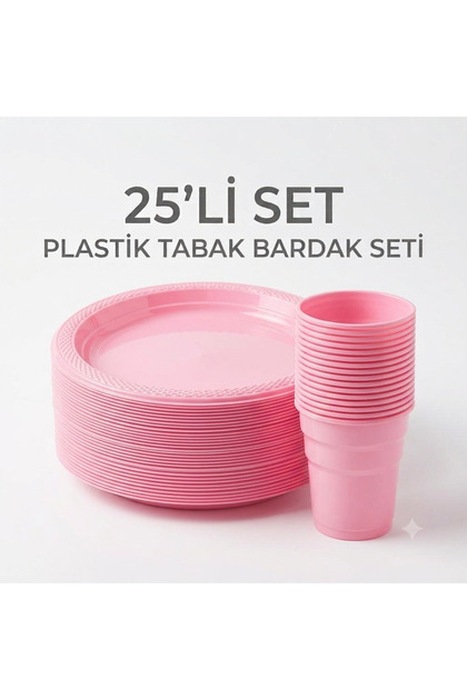 25'li PEMBE PLASTİK TABAK BARDAK SETİ