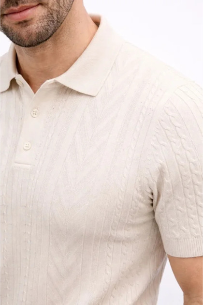 Men's Summer Knitwear T-Shirt Short Sleeve Polo Collar Buttoned T-Shirt - Cream