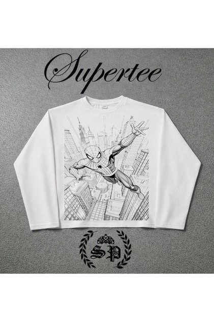 Seria Spider-Man Long Sleeve – Tricou cu mâneci lungi în stil vintage Y2K, model Harujuka boxy, design Trexz33 Supertee