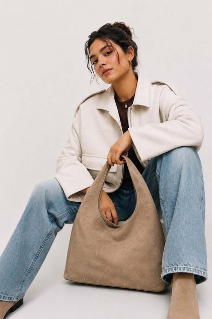 Vizon Kadın Süet Shopper Yumuşak Form Omuz Çantası