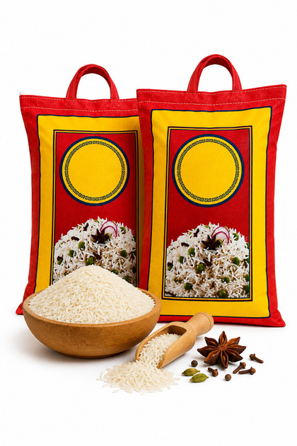 2'li Set Hindistan Orijinal Uzun Tane 10 kg Çiftli Kulplu Kumaş Çuval Basmati Pirinç