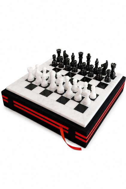 15 Inch Black Onyx Natural Stone Chess Set 38X38 cm - Handmade Premium Chess Set | Gift Boxed - Black and White