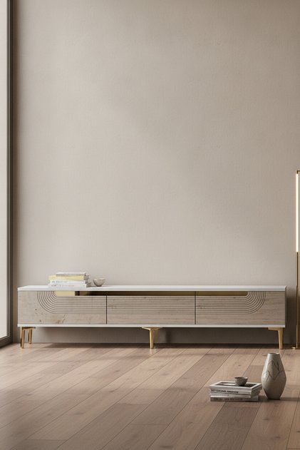 TSA1805BTG - TSA180 TV STAND, TV SEHPASI ve TV ÜNİTESİ BEYAZ - TRAVERTEN - GOLD 180CM