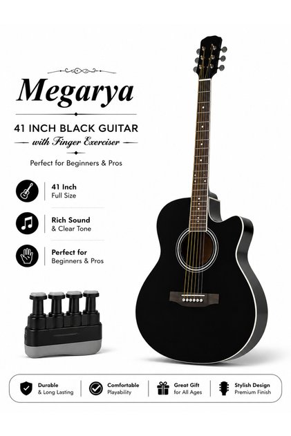 41" Black Acoustic Guitar + Finger Exerciser Bundle | Beginner Guitar Starter Set