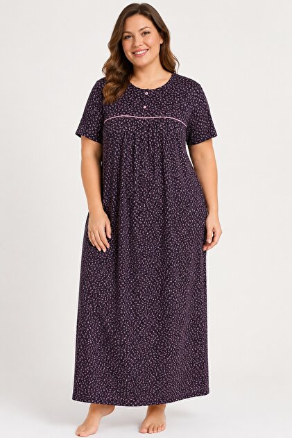 Mother's Nightgown, Buttoned Collar, 100% Cotton, Short Sleeve, Long Nightgown