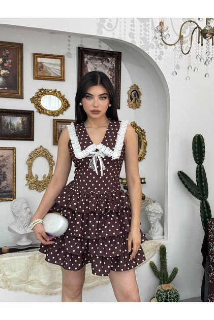 Women's Coffee Polka Dot Ruffled V-Neck Brooch Detailed Mini Dress
