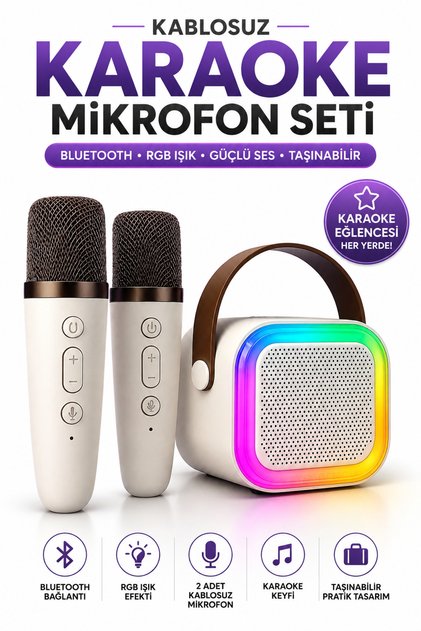 Mikrofonlu Bluetooth Hoparlör 2 Mikrofon Hediyeli Kareoke Hoparlör Kablosuz Mikrofon Speaker