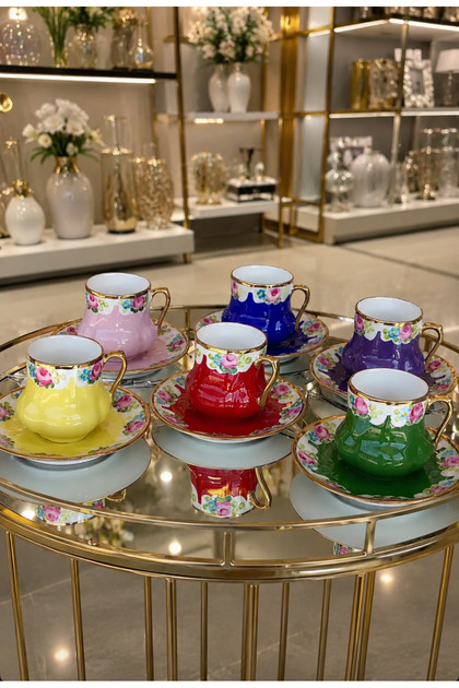 ESTERHOMEDECOR Hand-Painted Porcelain Coffee Cup Set for 6 People