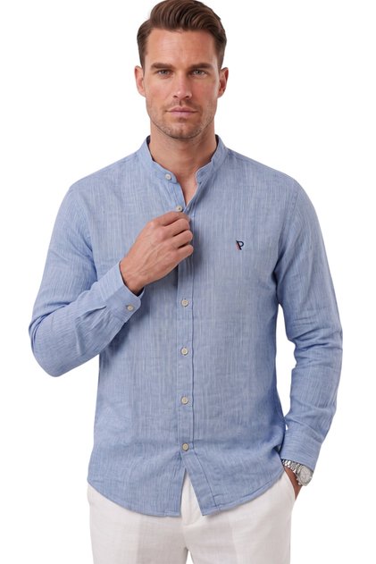 Men's Navy Blue Judge Collar Relaxed Fit Linen Look 100% Cotton Shirt 2602612