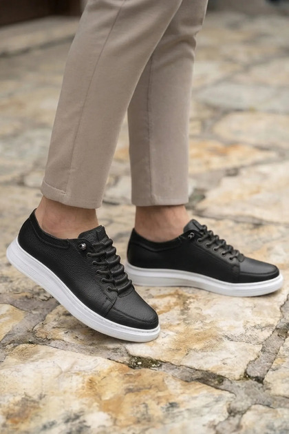 Markey Black White Sole Matte Leather Lace-Up Men's Sports Shoes