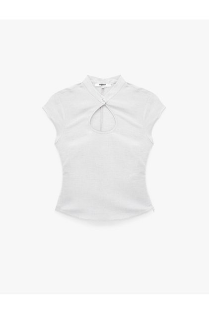 Mandarin Qipao Collar Short Sleeve Linen Blouse with Drop Window Detail