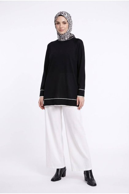 Trend Reglan Kol Bisiklet Yaka Çizgi Detaylı TAM KALIP Triko Tunik