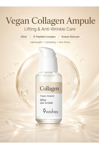 Vegan Collagen Ampule 30ml – Lifting & Anti-Wrinkle Korean Face Serum with Vegan Collagen Extract, 9-Peptide Complex, Sodium Hyaluronate & Beta-Glucan