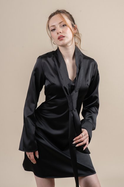 Women's Winter Black Satin Scarf Detailed Long Sleeve Dress 50360
