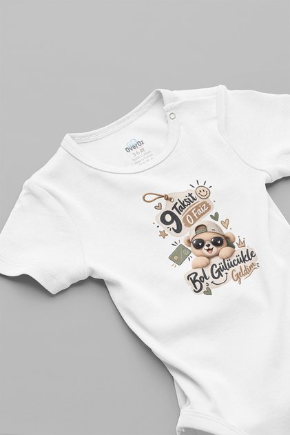 Smiling Bear Printed Baby Bodysuit for Boys and Girls, White Short Sleeve Snap Fastener Bodysuit, Baby Gift 5987