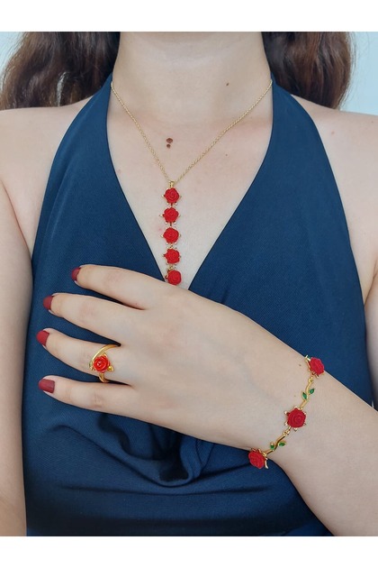 gül detaylı çelik set